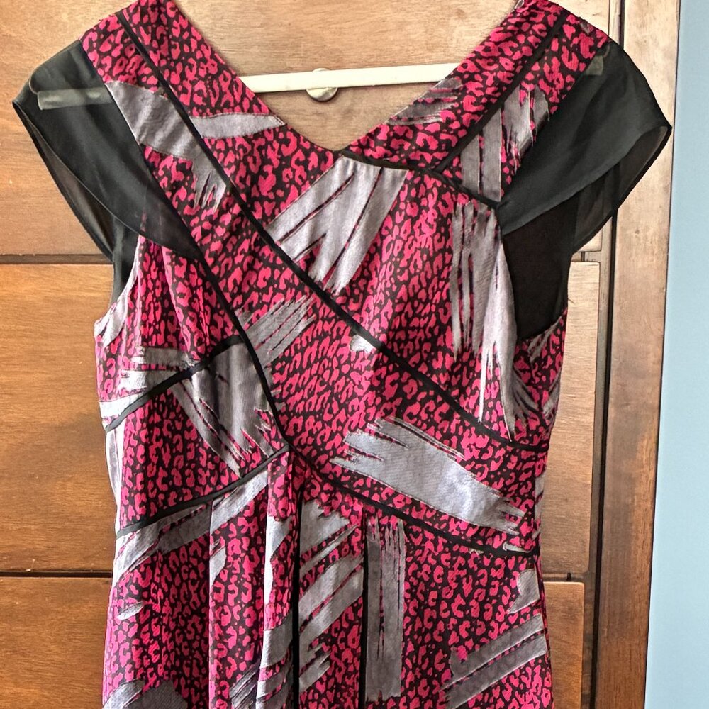 Reiss, knee-length black, red, and silver dress